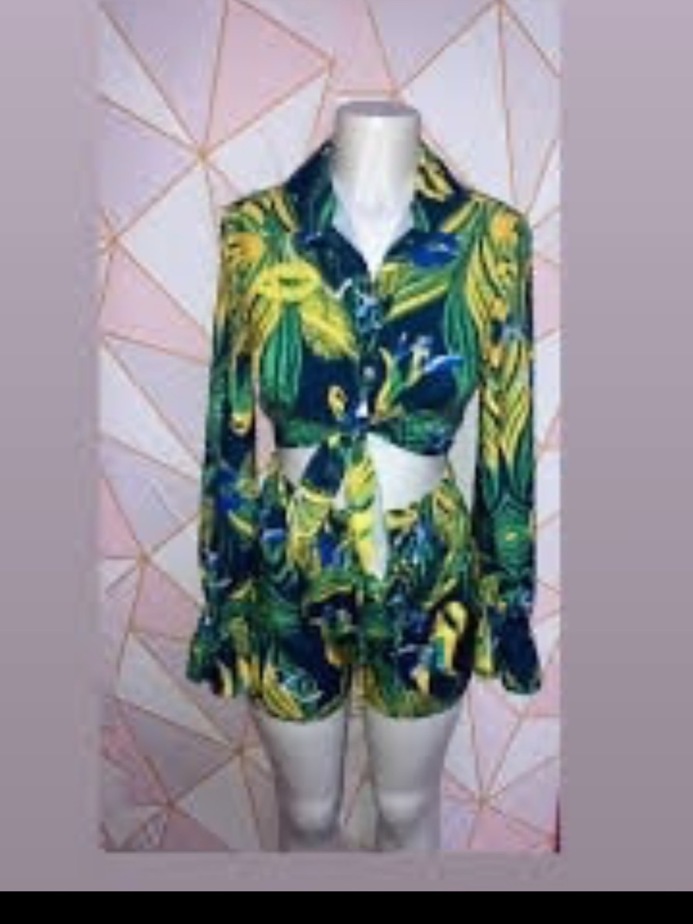 SHEIN Green Blue Tropical Print Tie-Front Shirt & Shorts Set